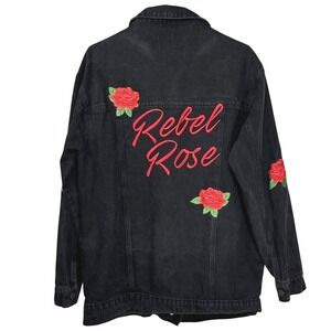 Rebel Rose Denim Jacket Women SMALL Black Embroidered Punk Rock Edgy Streetwear